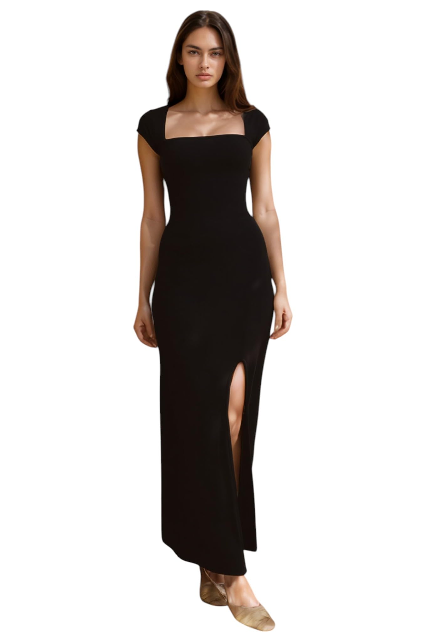 Black Bodycon Maxi Dress with Square Neck and Front Slit-image-24