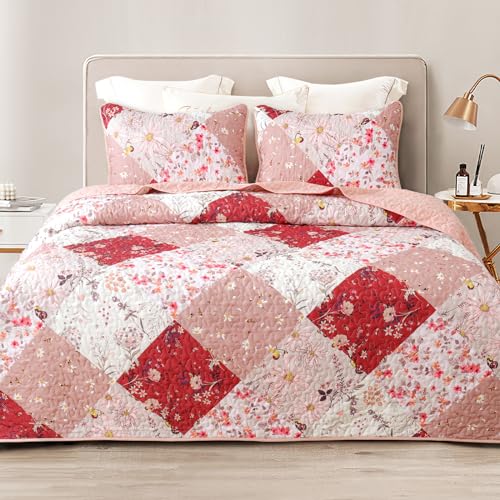 Whale Flotilla Reversible Patchwork Quilts King Size, Lightweight Boho Printed Bedspreads Coverlets Quilt Bedding Set with 2 Pillow Shams for All Seasons, Red