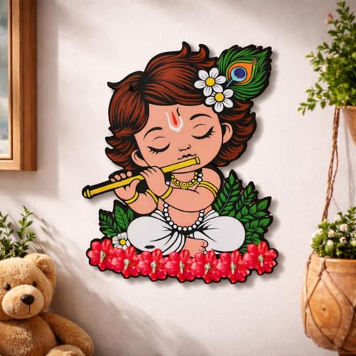 Image of CraftVatika Baby Krishna Wooden Key Holder for Home Decor Items, Key Hanger Wall Mounted Decoration Handicraft Key Chain Stand Wood Keys Organizer 7 Hooks Decorative Items for Home Decor