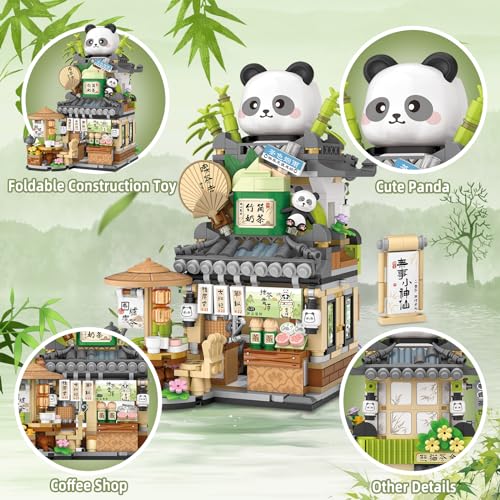Image of Street View Tea Shop Mini Building Blocks, MOC Creative Building Toys Cute Panda Animals Building Set for Girls 6-12, Simulation Architecture Construction Toy, Gift Idea for Kids Adults (860PCS)