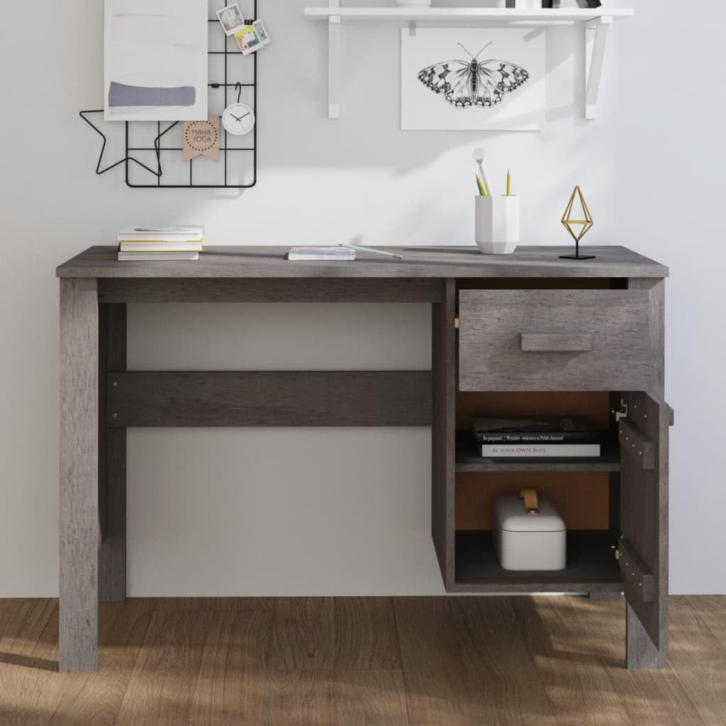 Scrivania grigio chiaro in legno di pino massiccio, 113 x 50 x 75 cm, con cassetto e porta, per ufficio, casa, studio e camera dei ragazzi