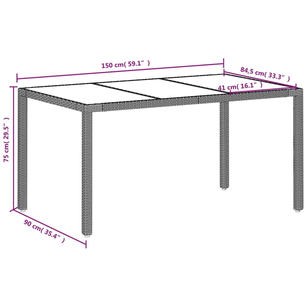 Mesa de jardín de ratán PE Gris con Superficie de Vidrio Templado 150x90x75 cm, Mueble para Exterior Resistente a la Intemperie, Ideal para terraza, Patio o balcón
