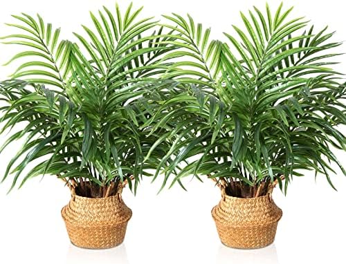 MOSADE Artificial Palm Tree 28”Fake Potted Areca Palm Plant with Handmade Seagrass Basket, Perfect Faux Tree Home Décor for Indoor Outdoor Office Porch Balcony Bedroom Bathroom Gift,2Pack