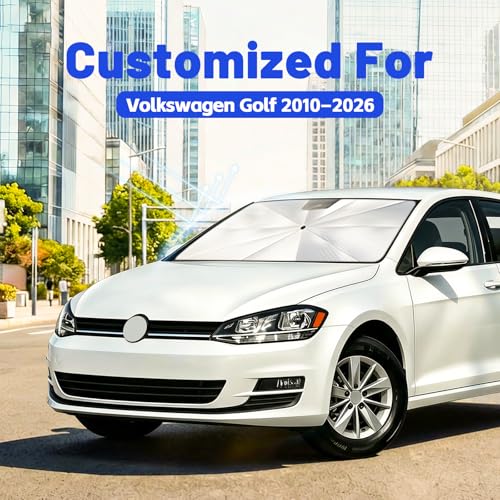 Image of Car Windshield Sun Shade for Volkswagen Golf 2010-2026 - Reflective Coated Fabric Sunshade Umbrella for Front Window, UV Protection Heat Shield Sun Blocker Heat Reflector, 1:1 Exact Fit Keep Car Cool