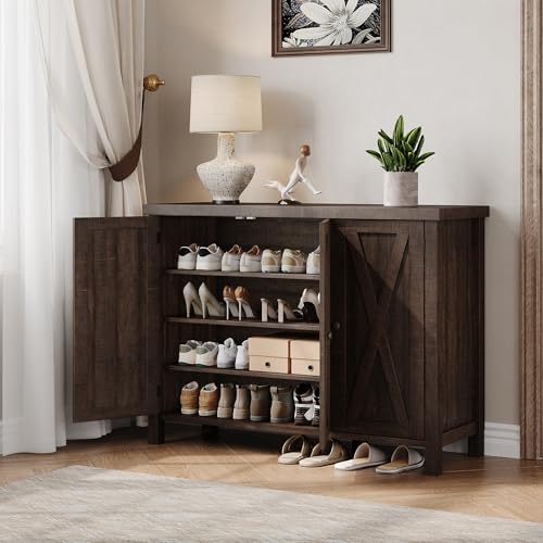 GarveeHome Shoe Cabinet with Doors, Farmhouse 35'' Shoe Storage Cabinet, 4-Tier Entryway Shoe Storage, Large Shoe Organizer Cabinet for Living Room Hallway, Dark Cherry