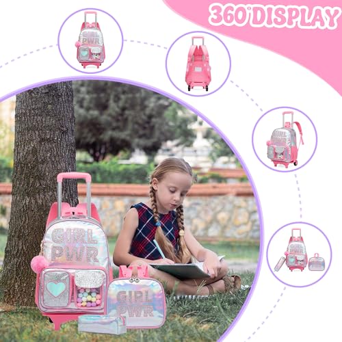 Image of HTgroce Rolling Backpack with Wheel,School Backpack for Kids Girl Roller Schoolbag Wheeled Backpacks Set Carry-on Luggage,Pink