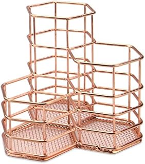 Rose Gold Hexagonal Desk Tidy | Mesh Triple Holder | Office & Bathroom Organiser | Pencil & Makeup Brush Storage | Rust-Proof Pencil Pot | M&W