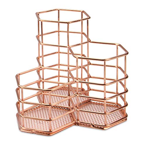 Portalápices color oro rosa| Bote de rejilla triple | Organizador de oficina y baño | Almacenamiento de lápices o pinceles de maquillaje | Antioxidable | M&W