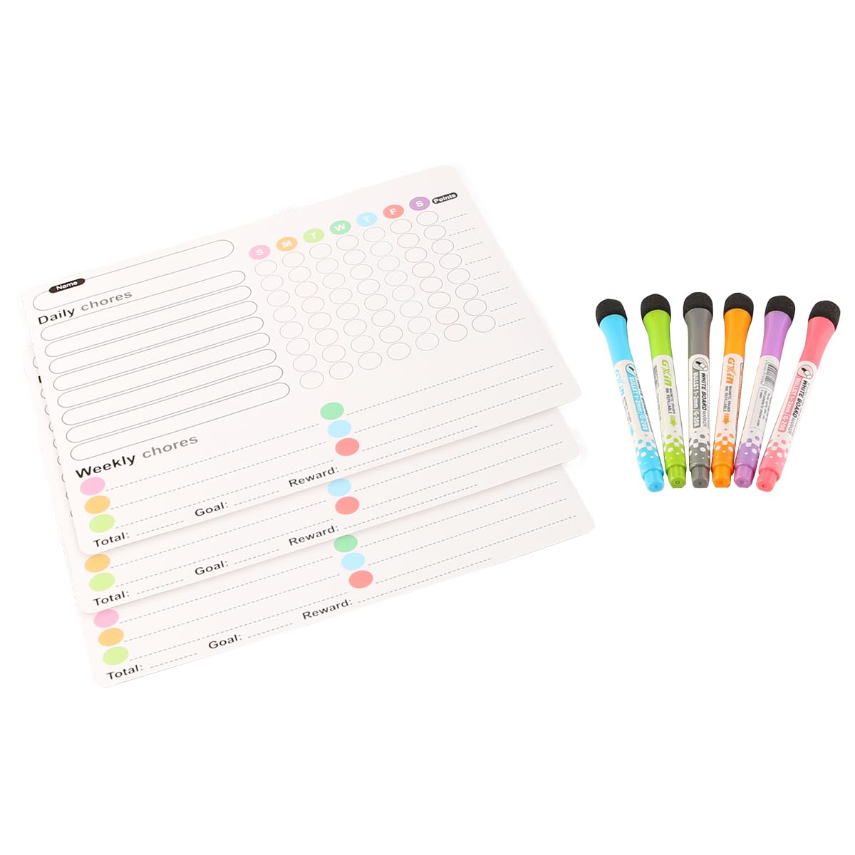 Muiltvoe 3PCS Magnetic Chores Char With 6 Fine Tip Markers Reusable Magnetic Reward Charts Learning Responsibility Chart Good Behaviour Charts