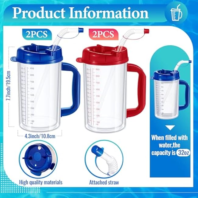 32 oz Hospital Water Cup with Straw and Lid Insulated Double Walled Water Cup with Handle and Straw Elderly Bottle Plastic Drinking Hospital Carafe Insulated Mug(Red and Blue,4)