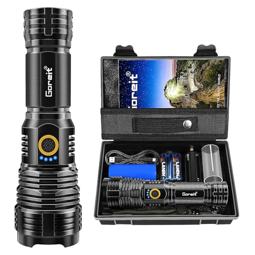 Lanterna Led Recarregavel 10000 Lumens, Goreit Lanternas Tatica Militar Super Potente XHP70.2, Lanterna a Pilha Lanternas De Choque Defesa Pessoal USB Para Acampamento Caminhada Pesca EmergêNcia