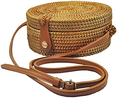 HAAN Handwoven Round Rattan Bag Made In Vietnam – Natural Stylish & Chic – Shoulder Real Leather Adjustable Strap