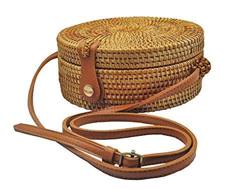HAAN Handwoven Round Rattan Bag Made In Vietnam - Natural Stylish & Chic â Shoulder Real Leather Adjustable Strap
