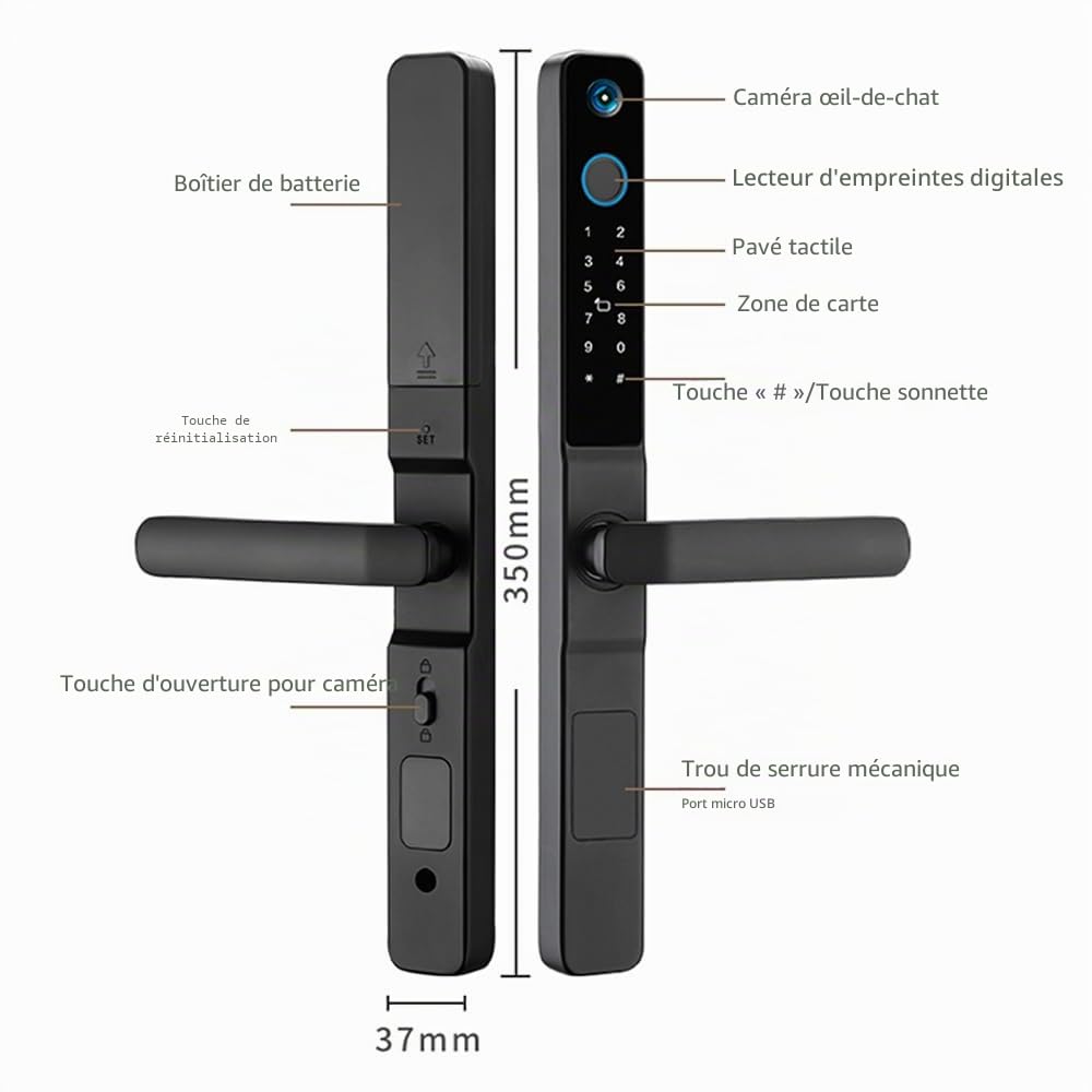 Serrure de porte intelligente avec empreinte digitale, sonnette et caméra, serrure d'entrée sans clé avec poignée, serrure biométrique pour porte