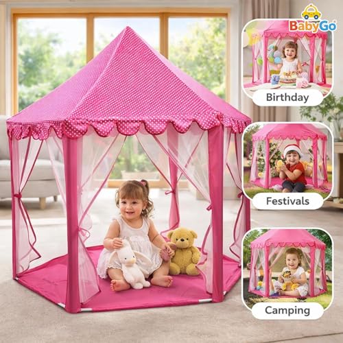 Image of BabyGo Kids Prince Princess Castle Theme Play Tent with Mosquito Net Design for Kids (Pink) (140cm x 135cm x 70cm)