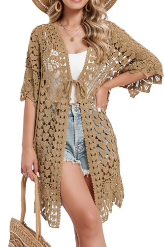 Women's Hollow Out Lace Kimono Short Sleeve Crochet Cardigan Cover up