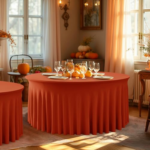 HolidayIdeas 6 Pack Spandex Table Skirts for 60 Inch Round Table, Fitted Stretch Ruffle Cover for Wedding Receptions, Holiday Parties, Rust