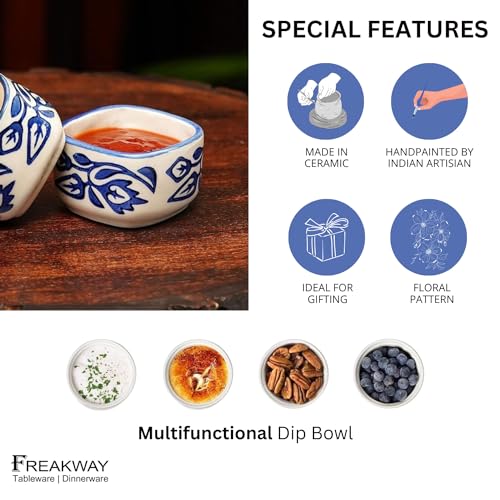 Image of Freakway Hand Painted White Ceramic Dip Bowls | Bowls Set of 2, 40Ml | Bowl for Serving Chutney Bowl /Pickle Bowl /Small (BLU & WHT)