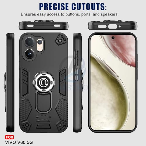 Image of AESTMO Vivo V60 / V60E / T4 Pro 5G Back Case Cover | Tough Armor Bumper | Ring Holder & Kickstand in-Built | 360 Degree Protection Cover for Vivo V60 / V60E / T4 Pro 5G (Black)