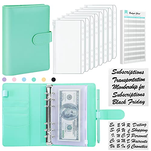 Sooez A6 PU Leather Binder Budget Planner Organizer 6 Ring Binder Cover, 8Pcs Binder Pockets, 24Pcs Expense Budget Sheets & 34 Categories Sticker Labels, Money Saving Binder for Budgeting, Mint Green
