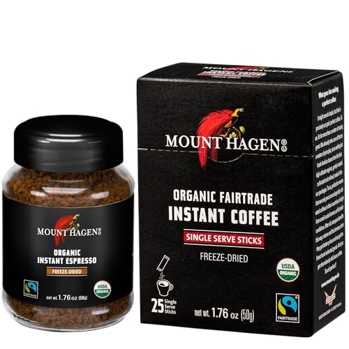 Mount Hagen 25 Count Single Serve Instant Coffee Packets and Mount Hagen Instant Espresso Ground Coffee 1.76oz Bundle