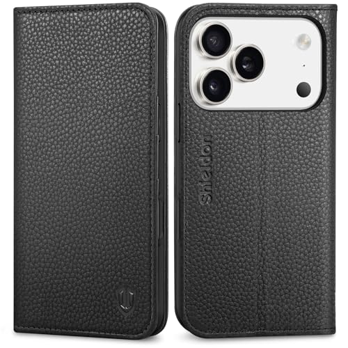 Coque iPhone 17 Pro grain litchi noir avec clapet magnétique