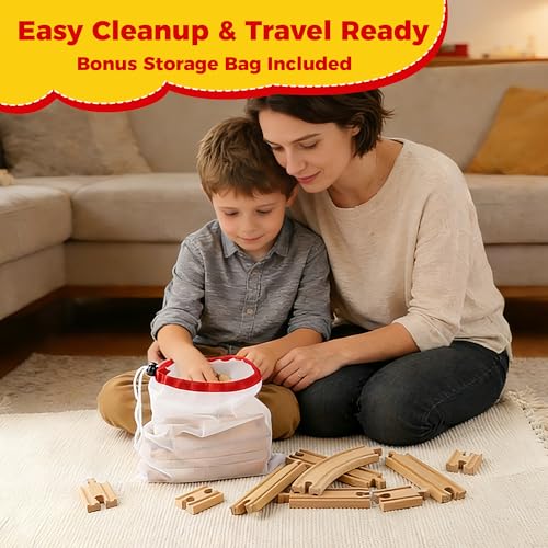 Image of Wooden Train Tracks 24 Pieces Set, Track Expansion Pack with Storage Bag - Includes Male /Female Adapters - 100% Compatible with All Major Brands Including Thomas, Brio, Melissa & Doug