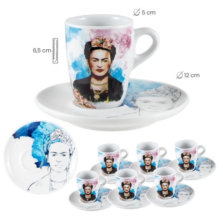 DRW Set 6 tazze con piatto in porcellana Frida Khalo Tazza: 5 x 5 x 6,5 cm