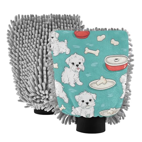 STAYTOP Cute Little Dog Car Wash Mitt Microfiber, 2Pcs Scratch Free Lint-Free, Premium Chenille Microfiber Mitt Car Wash Brush-L