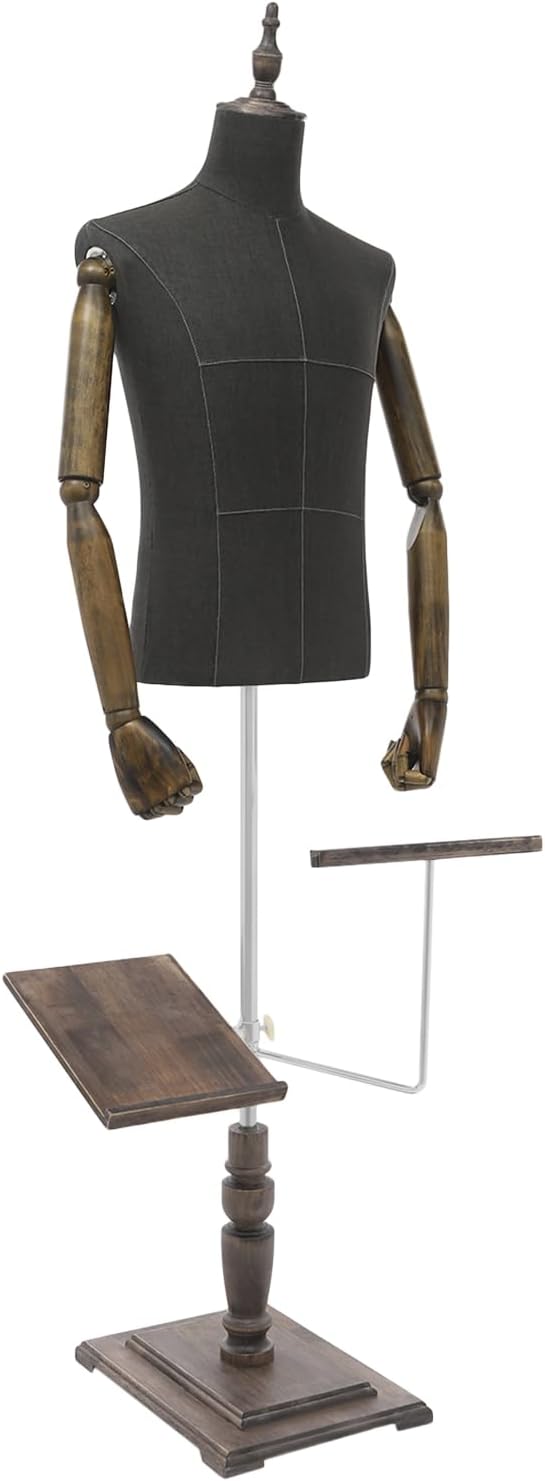 Male Half Body Mannequin Torso with Arm, Dress Form Mannequin Body with Shoe Rest & Trouser Rack, 53"-70" Height Adjustable Clothing Manikin for Market Shop Window Display (Black)