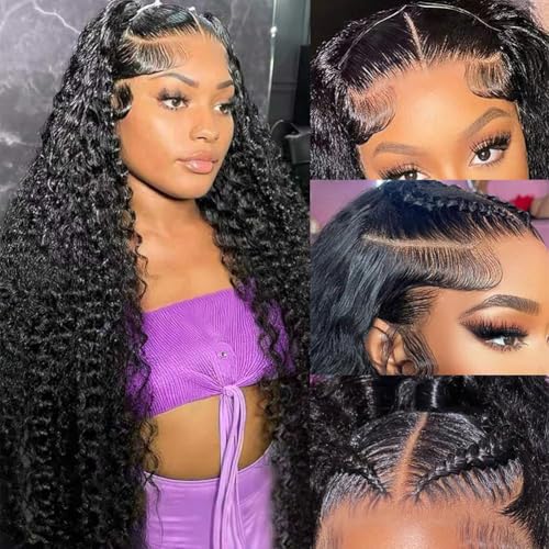 NUEAHWO 32 Inch Water Wave Lace Front Wigs Human Hair 200 Density 13X6 Lace Front Wigs Human Hair Pre Plucked Deep Part Curly Wig for Women Natural Black