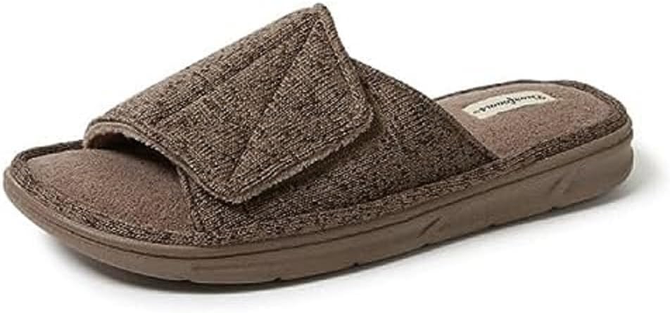 Dearfoams Men's Indoor/Outdoor Adjustable Machine Washable Memory Foam Terry Slide Slipper, Fossil (Marled Knit), 11-12