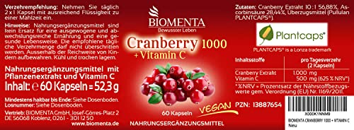 BIOMENTA Cranberry 1000 + Vitamin C – mit 1.000 mg Cranberry Extrakt + 500 mg Vitamin C pro Tag – Cranberry hochdosiert… - Image 3