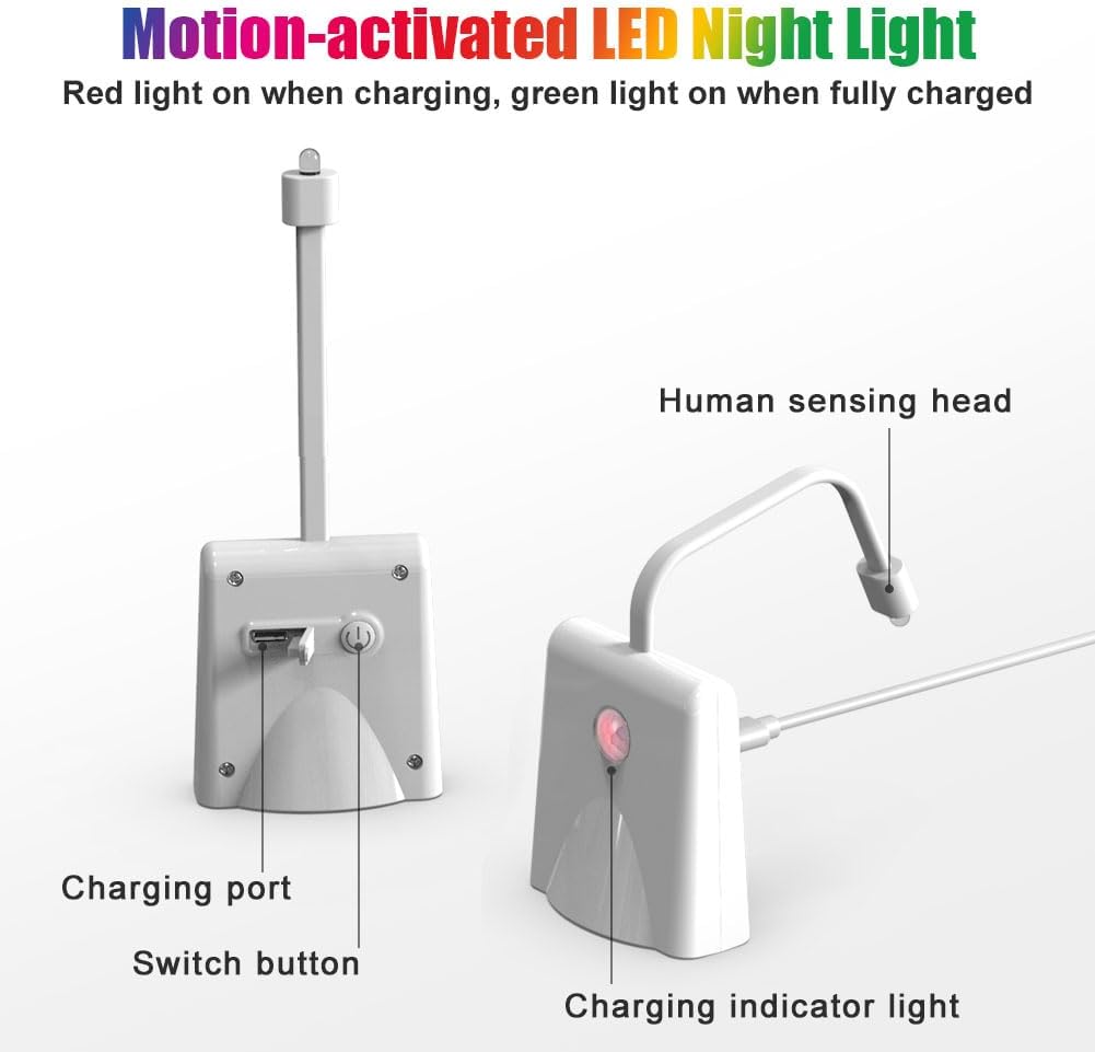 Close-up of the HOTUT Toilet Night Light showing the charging port, switch button, and human sensing head.