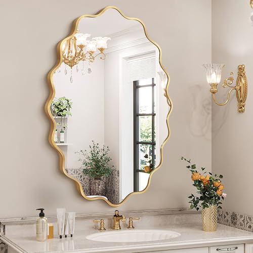 Image of Oval Wavy Wall Mirror -Irregular Wall Mirror with Gold Asymmetrical Aluminum Alloy Frame,22 inchx30 inch Decorative Wall Mirrors for Bathroom, Bedroom, Living Room, Dining Room,Entryway