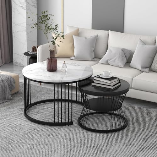 Image of Brown Art SHOPPEE Round Coffee Table Home Decor Furniture Coffee Table Sets,2 Piece MDF Top,Stacking Nesting Table with Iron Frame for Living Room Living Room or Lounge (Black Mix)