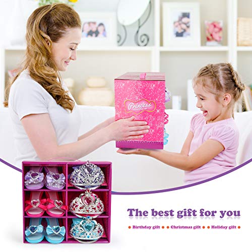 Girl Princess Dress Up Shoes Set Princess Role Play Collection Kit Pretend Jewelry Toys Accessories Set with Tiaras Crown Gloves Necklaces Earrings Gift for Birthday Halloween Christmas Costumes Party