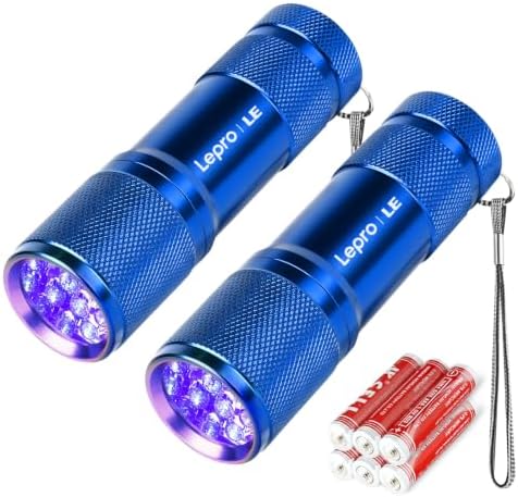 LE UV Taschenlampe(2er-Pack), UV Lampe inklusive 6 AAA Batterien, Blau | Schwarzlicht Taschenlampe mit 9 LEDs, mini UV Lampe Ultraviolettes Licht mit 395nm für Geocaching, Heimtier