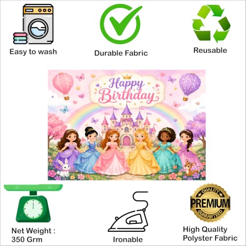 Image of Princess Theme Birthday Backdrop | Royal Castle Happy Birthday Banner | Fairytale Party Decoration | Girls Photo Booth Background (Pack of 1, Size: 5x4 Feet)