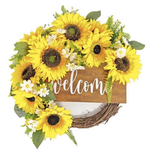 Lodoot Corona de girasoles con bienvenida para puerta delantera, corona de primavera artificial para casa de campo, jardín, decoración de boda, corona de girasol de simulación, decoración de placa de