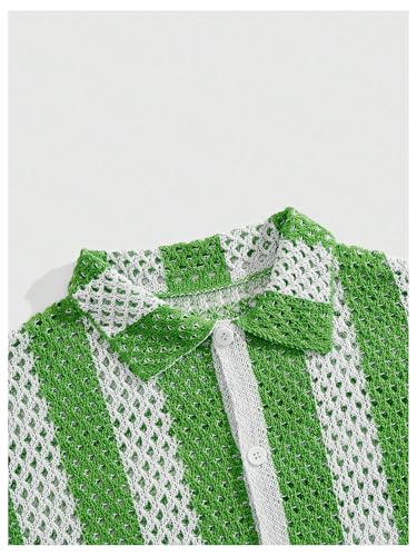 Verdusa Men's Short Sleeve Hollow Out Knit Shirts Collar Button Up Striped Sweater3