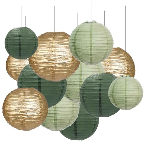 GAKA FAVOR 12Pcs Sage Green and Gold Paper Lanterns Set Hanging Paper Lanterns Decoration Paper Decoration for Wedding Christening Communion Birthday Party