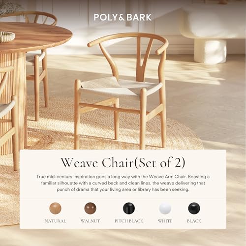 Image of POLY & BARK Weave Dining Chairs - Mid-Century Modern Wishbone Dining Chairs with Arms, Solid Wood Frame, Indoor Use - Natural - Set of 2 - Ideal for Dining Room, Kitchen or Stylish Accent Setting