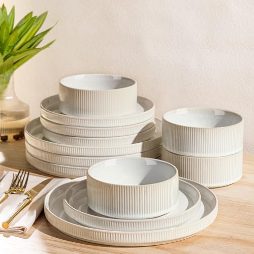 Image of TheTerra Ceramic Dinnerware Sets for 4, 12 Pieces Porcelain Lightweight Plates and Bowls Sets, Scratch Resistant Dish Set, Oven & Microwave & Dishwasher Safe,Reactive White