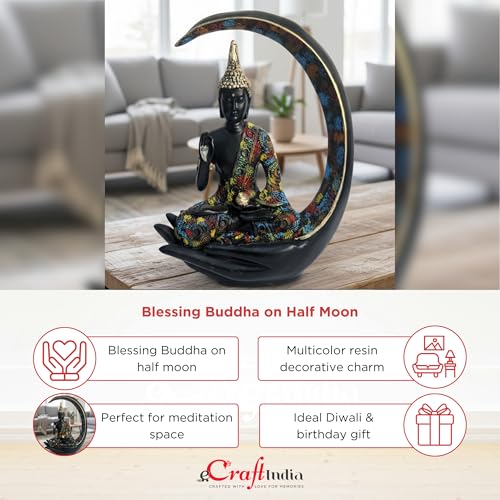 Image of eCraftIndia Multicolor Resin Blessing Buddha Statue Sitting On Half Moon Palm | Lord Buddha Idol for Home Decor Living Room Office | Showpiece Gift for Diwali Buddha Purnima Birthday