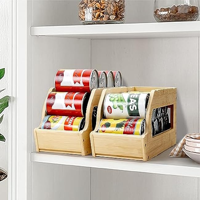 Bamboo Can Organizers and Storage for Pantry, Soda Can Organizer Beverage Drink Holders, Stackable Canned Goods Organizer Can Dispenser for Pantry, Kitchen, Cabinet (2 Pack)