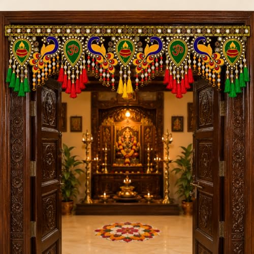 Image of ONESTA Handcrafted Peacock Door Toran with Om & Kalash Design | Decorative Bandhanwar with Mirror Work Bells & Tassels | Traditional Hanging for Main Door | Diwali Pooja Temple Home Entrance & Festival Decoration 3 Feet Size 36 Inch Pack 01)