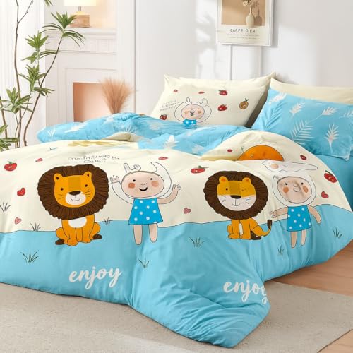 Image of 200 GSM 400 TC Kids Glace Cotton Reversible Cartoon Printed Double Bed King Size Comforter with Matching Bedsheet 90 * 100 with 2 Pillow Covers Set of 4 Pieces (Lion)