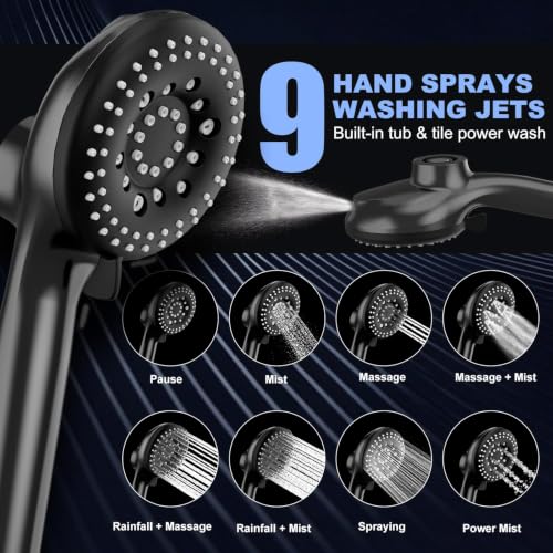 Image of 12 Inch High Pressure Rainfall Shower Head Combo,9 Settings Handheld Shower | Height /Angle Adjustable, 3 Spray Modes, Anti-leak, Built-in Magnetic Docking,Washing Jets,Holder, 59 inch Shower Hose, 1.75GPM