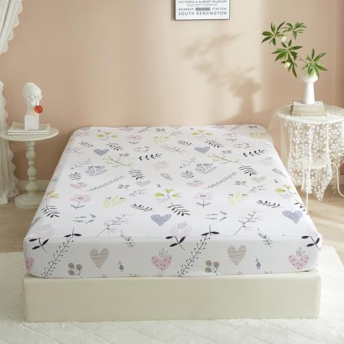 HighBuy Queen Fitted Sheet Only - White Pink Botanical Floral - Ultra-Soft 15